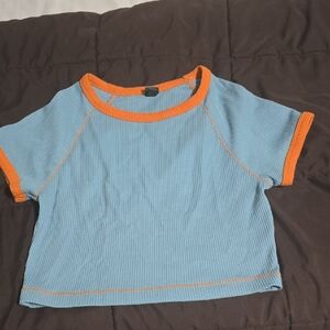 Blue and Orange Cropped Ribbed T-Shirt